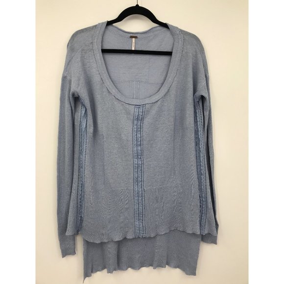 Free People Lace Road Blue Hi Low Sweater Linen Blend Boho Small - Picture 2 of 8